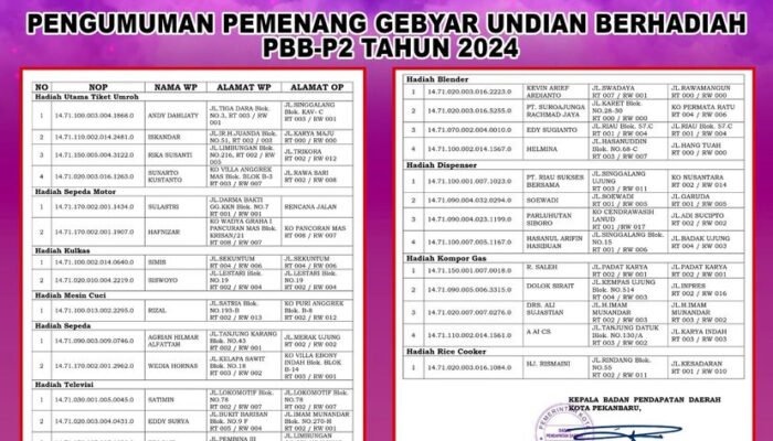 Bapenda Pekanbaru Umumkan Pemenang Gebyar PBB-P2, 4 WP Ini Raih Hadiah Umrah